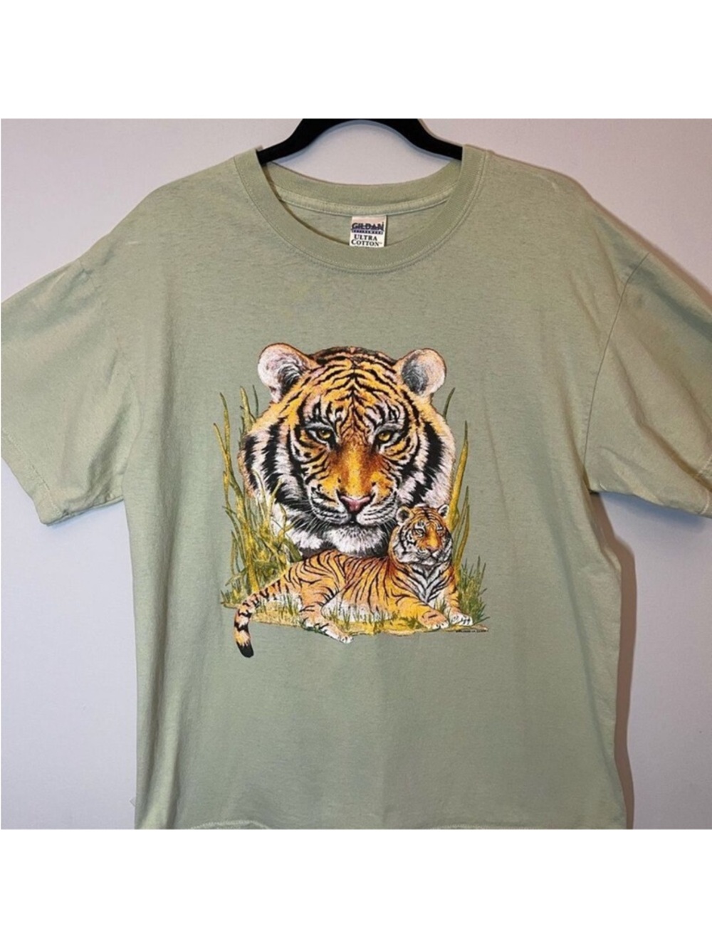 Vintage Gildan 100% Cotton Short Sleeve Tee Light Green Tiger Wildside LA Size L